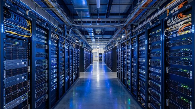 Long brightly lit server room hallway with blue glowing racks