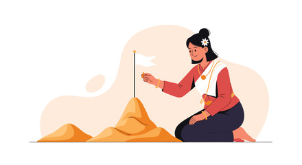 Fototapeta premium Woman dressed in traditional attire kneeling in the sand to place a small flag on top of a sand pagoda during a cultural festival.