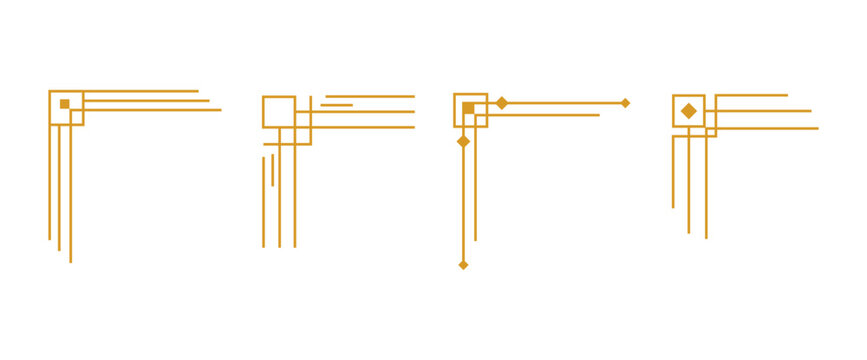 Gold art deco corner border collection. Minimal geometric decorative frame elements. Elegant luxury line corner ornaments.