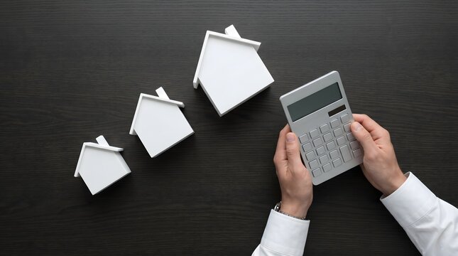 Hands holding calculator next to three white house models on dark wood desk for mortgage and real estate investment business lifestyle concept