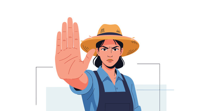 Angry woman farmer wearing a straw hat and showing a stop gesture with her hand to signal a warning or prohibition in agriculture.