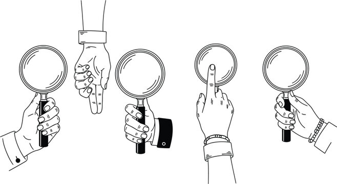 Four hands holding magnifying glasses in different ways