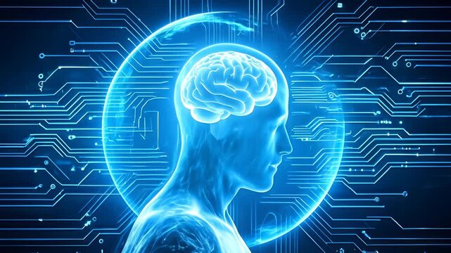 Digital brain silhouette with glowing neural networks and circuit board patterns. Panning shot of artificial intelligence concept.