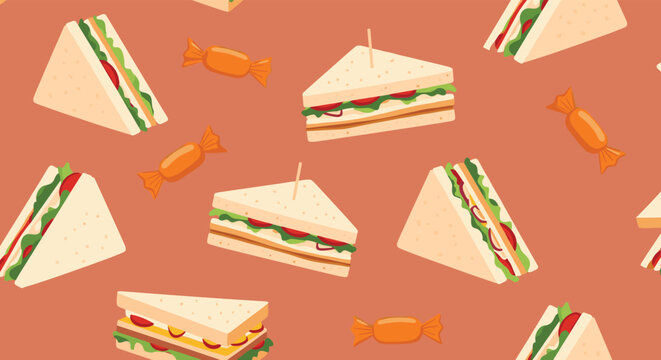 Seamless pattern design featuring delicious triangle sandwiches and wrapped orange candies over a warm terra cotta background.