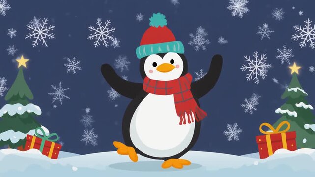 Cute penguin character wearing winter clothes in snow landscape icon vector illustration for holiday season and Christmas greeting cards