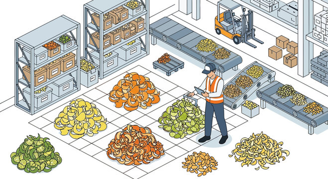 Warehouse worker inspecting colorful piles of food ingredients on conveyor belts and shelves.