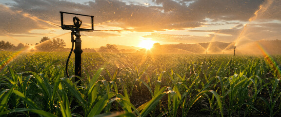 Obraz premium Irrigation system spraying water in cornfield during sunset