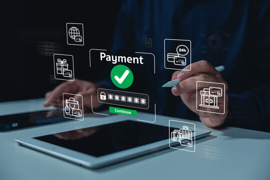 Person using a tablet with a digital payment confirmation overlay and financial icons.