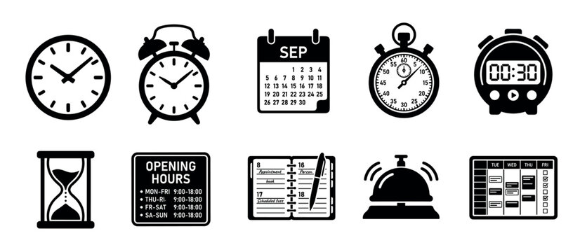 Comprehensive collection of time management and scheduling icons featuring clocks, calendars, stopwatches, and appointment planners for efficient organization.