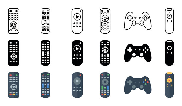 Various remote controls and game controllers presented as modern digital icons, showcasing a diverse collection of electronic devices for entertainment and media control.