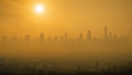Obraz premium City skyline at sunset with hazy atmosphere and sunlight