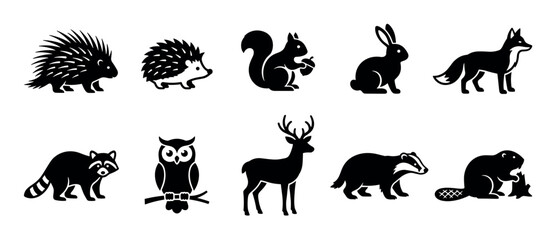 Naklejka premium Wild animals silhouettes collection featuring porcupine hedgehog squirrel rabbit fox raccoon owl deer badger and beaver in a graphic vector style.