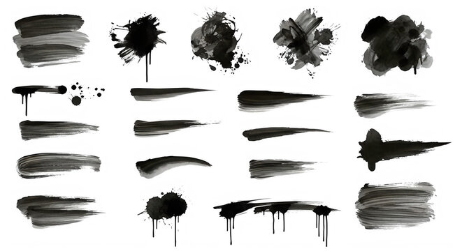 Black ink brush strokes, paint splatters, and smudges set, 20 elements, abstract design resources