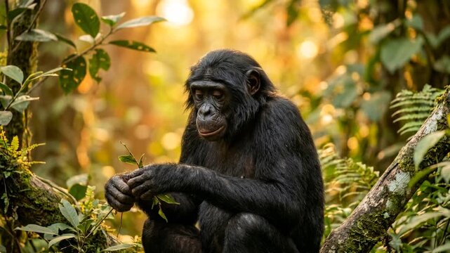 bonobo monkey in lomako forest democratic republic of congo tree close up golden light video