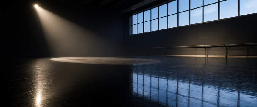 Contemporary dance studio with spotlight and large windows for natural light