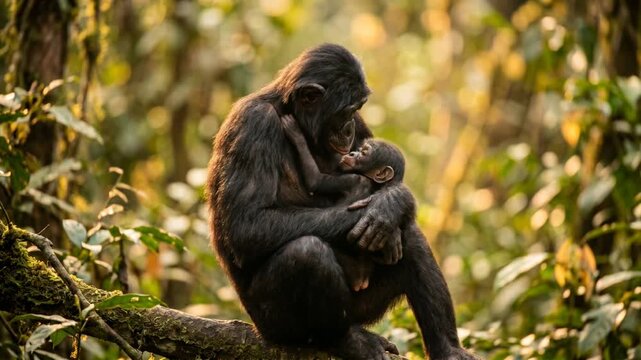 bonobo mother with baby in lomako forest democratic republic of congo tree close up golden light video