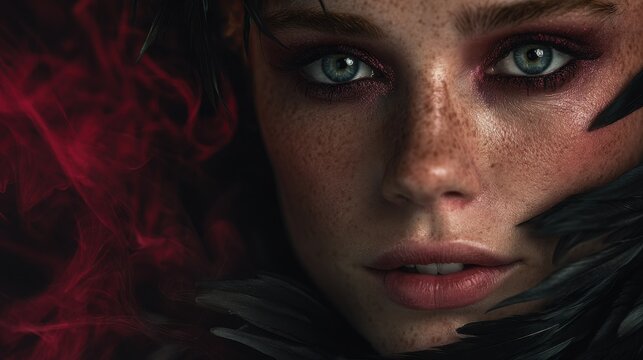 Intense portrait of a young woman with piercing blue eyes and dramatic makeup surrounded by dark feathers and mysterious red smoke creating a captivating mood