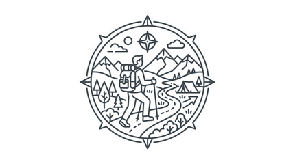 Obraz premium Hiker in compass frame mountain landscape illustration.