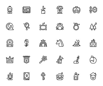 Fairytale icon set. Minimal vector icons pack. Featuring princess, castle, crown, unicorn, magic wand, rose, rainbow, forest, moon, book, key, sword, frog prince, and more. Editable stroke.