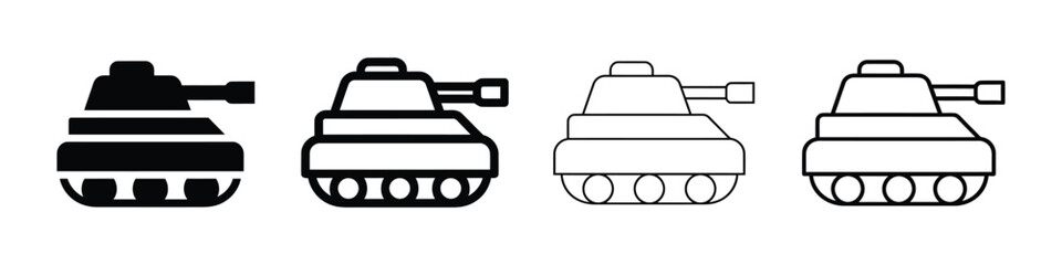 Set of four stylized tank outlines with varying detail and fill styles in a row isolated on white background © Sumaiya