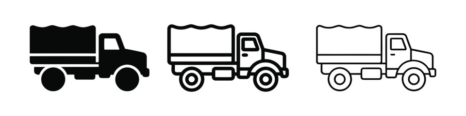 Fototapeta premium Military truck with canvas cover in three styles during daytime isolated on white background