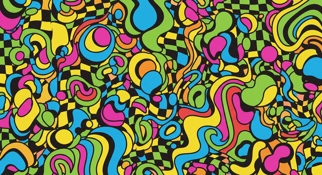 Groovy psychedelic backgrounds with abstract checkered pattern. Vector groovy psychedelic Y2K color optical illusion on checkered wavy pattern backgrounds