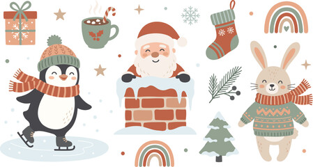 Fototapeta premium Cute Scandinavian Christmas Character Set with Santa Penguin Bunny and Holiday Elements Pastel Vector Illustration