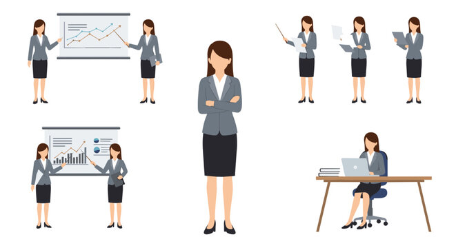 Collection of various poses showing a professional businesswoman presenting data, working at her desk, and standing confidently.
