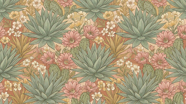 seamless pattern with succulent plants and desert flowers on warm terracotta background.