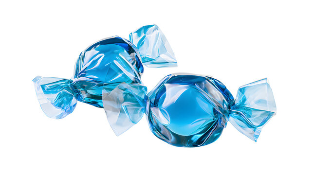 Blue hard candy, wrapped sweet treat for confectionery and dessert designs, sugary snack, cellophane wrapper, white background
