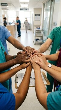 Diverse Medical Team Stacking Hands in Hospital Hallway, Unity and Support