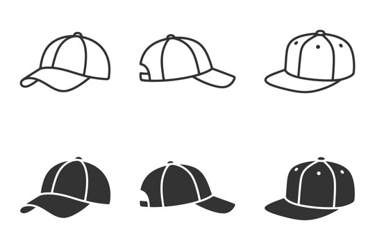 Set of baseball and snapback hat silhouettes and outlines.