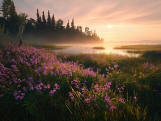 Naklejka premium Vibrant purple wildflowers bloom along the tranquil lake shore during a soft and golden summer sunrise