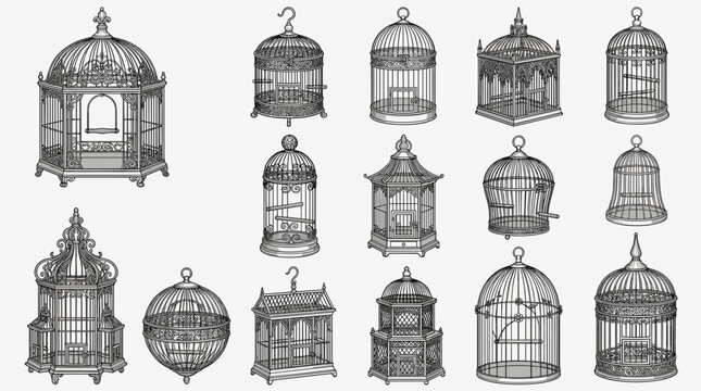 Ornate vintage birdcages sketches set classic decorative wire frames black and white bird keepers collection elements pack