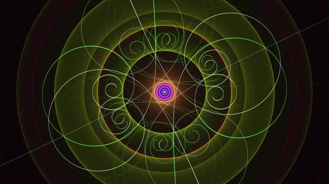 Abstract geometric kaleidoscope fractal background with rotating green circles and lines