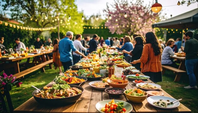 Outdoor evening dinner party with long tables and buffet food.