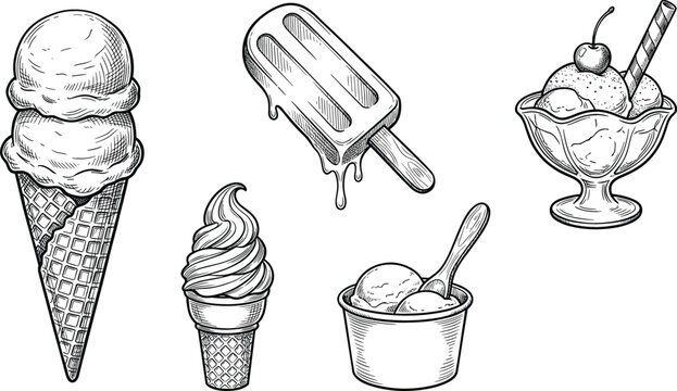 Vintage ice cream engraving elements set featuring hand drawn sketches of double scoop waffle cone melting popsicle sundae glass bowl and paper cup