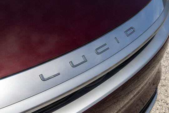 Lucid Air Sedan Grand Touring model display. Lucid offers the Air Sedan with up to 512 miles driving range. MY:2026