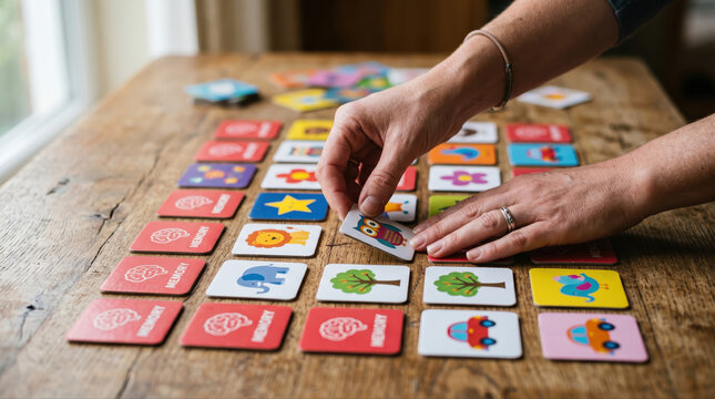 Better brain health concept. Person playing a colorful memory matching card game on a wooden table indoors.