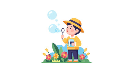 Fototapeta premium Happy Little Boy Blowing Soap Bubbles in a Colorful Garden, Cute Child Character Playing Outdoors, Flat Vector Illustration