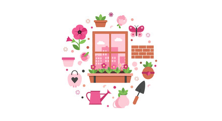 Fototapeta premium Flat Vector Illustration of Urban Window Gardening with Pink Flowers, Watering Can, and Gardening Tools in a Circular Composition
