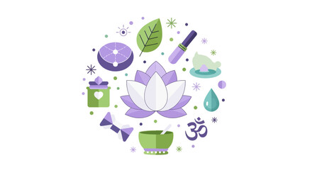 Fototapeta premium Holistic Wellness and Spa Flat Vector Illustration with Lotus Flower, Yoga Symbols, and Aromatherapy Icons in a Circular Arrangement