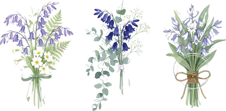 Watercolor bluebell flower bouquet vector set with green eucalyptus leaves, delicate wild blossoms, ferns, and rustic bows isolated on white background.