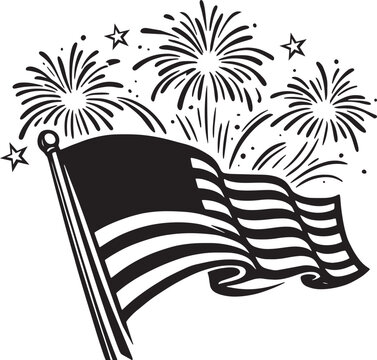 American flag with fireworks celebration outline illustration.