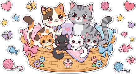 Cute Kawaii Cat Family in Basket with Kittens Hearts Stars and Yarn Sticker Vector Illustration © Ratna