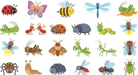 Cute Cartoon Insects Collection with Ladybug Butterfly Bee Dragonfly and Grasshopper Vector Set © Ratna