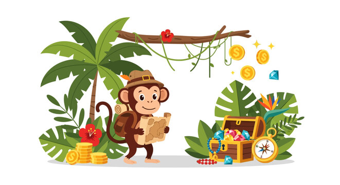Adventurous monkey explorer finds treasure chest full of gems and coins