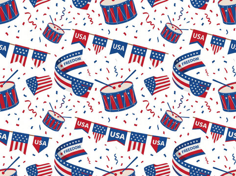 American patriotic seamless pattern with drums banners and confetti celebrating independence day