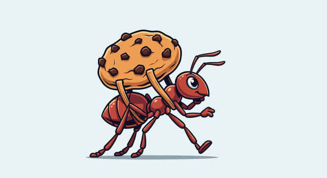 Cartoon Ant Carrying Giant Chocolate Chip Cookie, Vector Art