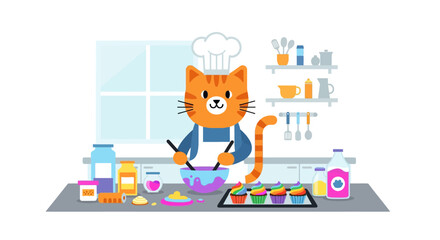 Fototapeta premium Chef Cat Baking Cupcakes in Kitchen Flat Illustration | Cute Animal Cooking